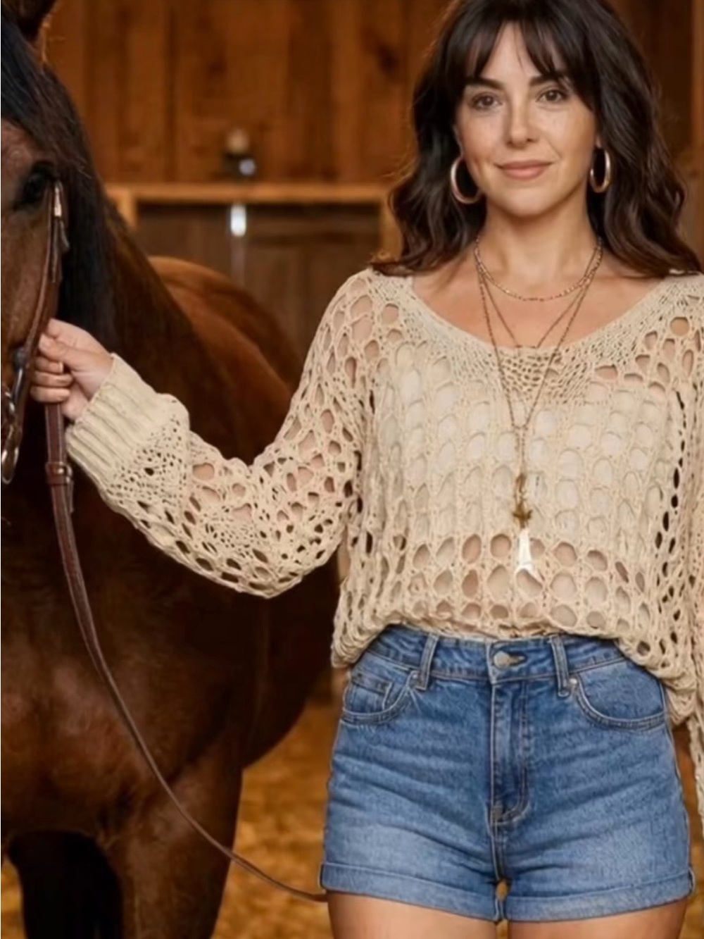 Open-Knit Crochet Pullover Sweater - Beige XL